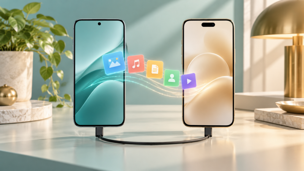 تصویرسازی دو گوشی متصل با کابل USB-C برای انتقال داده روی میز سبزآبی