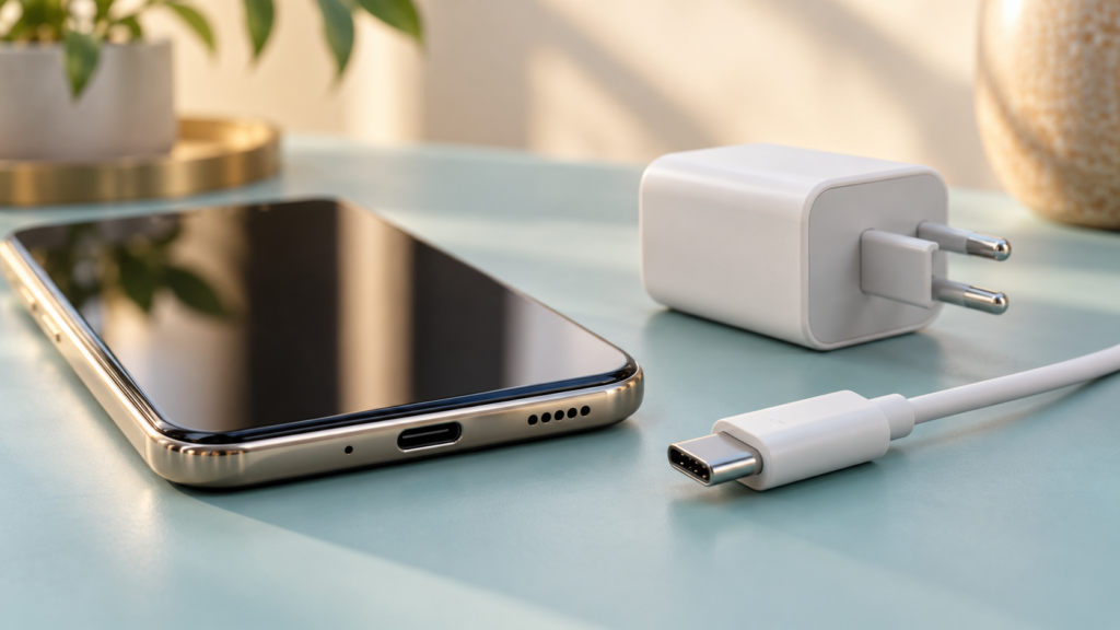 تصویرسازی گوشی در کنار کابل USB-C جداشده و آداپتور شارژ روی میز روشن